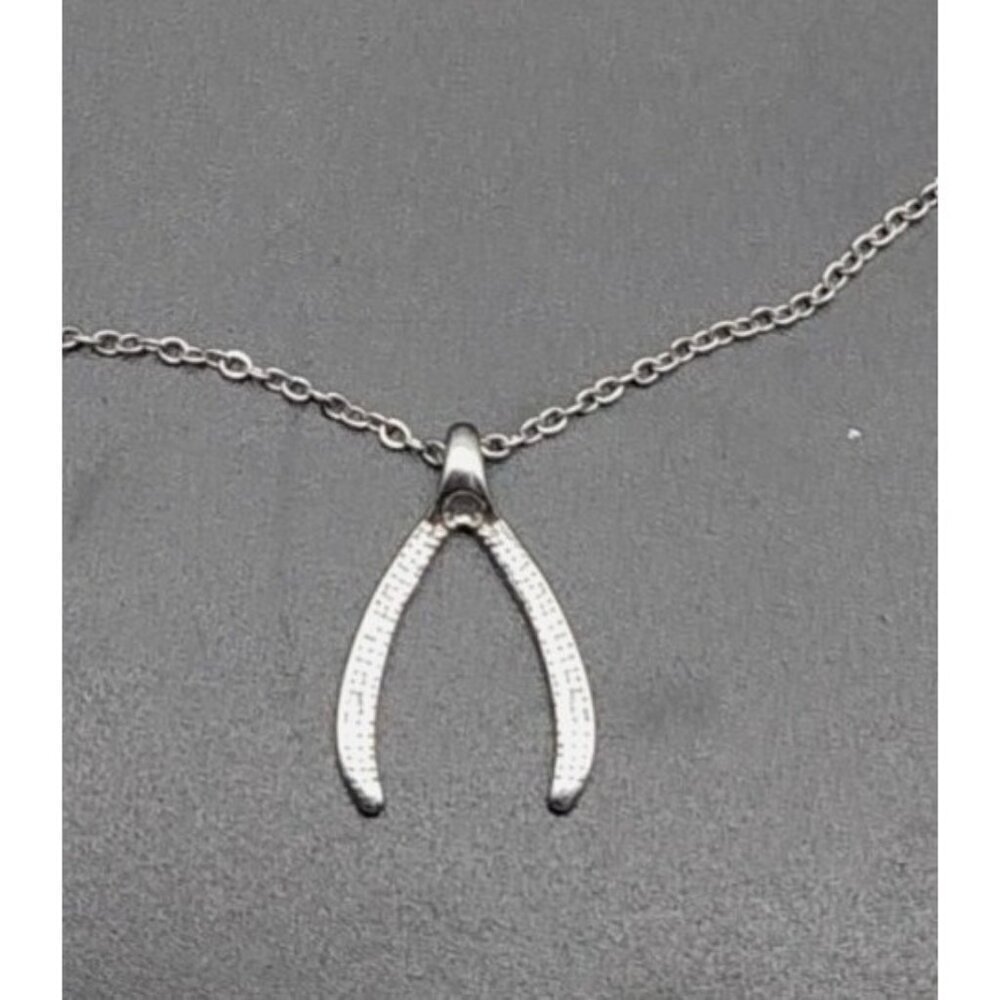JBD Stainless Steel Wishbone Pendant Necklace SIlver Tone Dainty Signed 17" Long